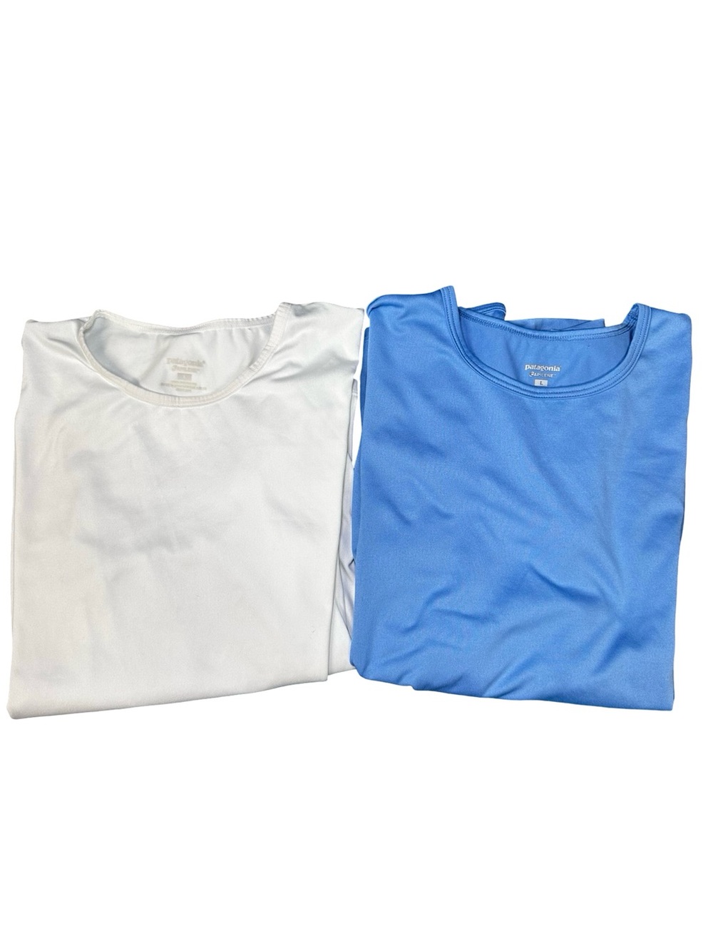 Patagonia Capilene Long Sleeve Top Bundle of 2 SZ Large Blue White Trail Hiking